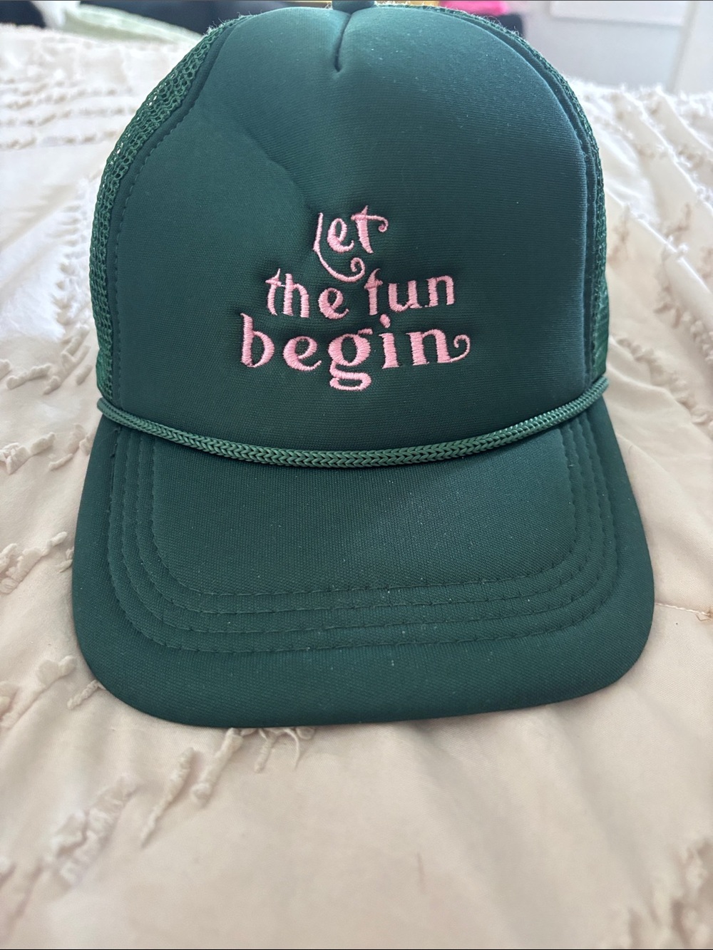 Embroidered "Let the fun begin" Trucker Hat - Forest Green & Pink